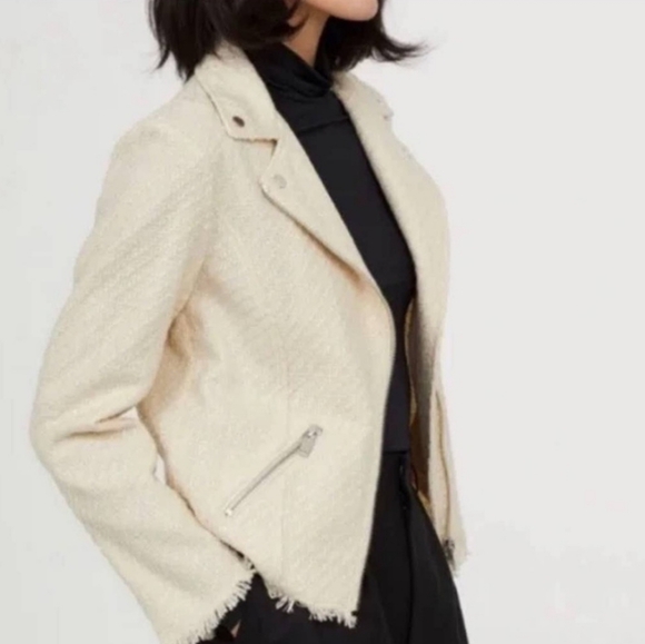 H&M Jackets & Coats | Size 2 | Tweed Moto Jacket Blazer In Cream W/ Fringe Hem - Picture 2 of 6